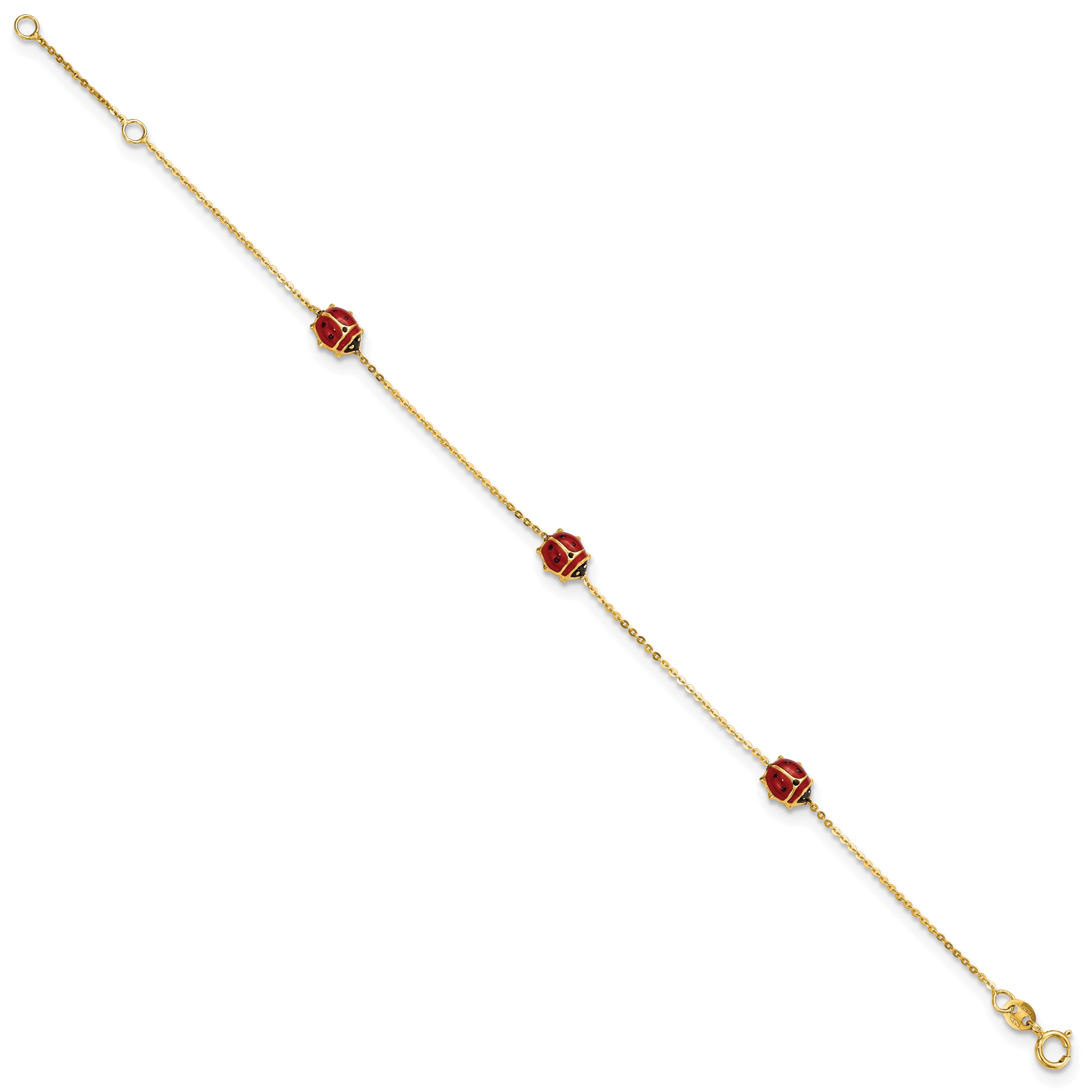 14K Yellow Gold Polished Enameled Ladybugs 6.5In W/.75In Ext. Bracelet