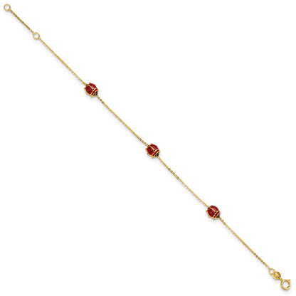 14K Yellow Gold Polished Enameled Ladybugs 6.5In W/.75In Ext. Bracelet