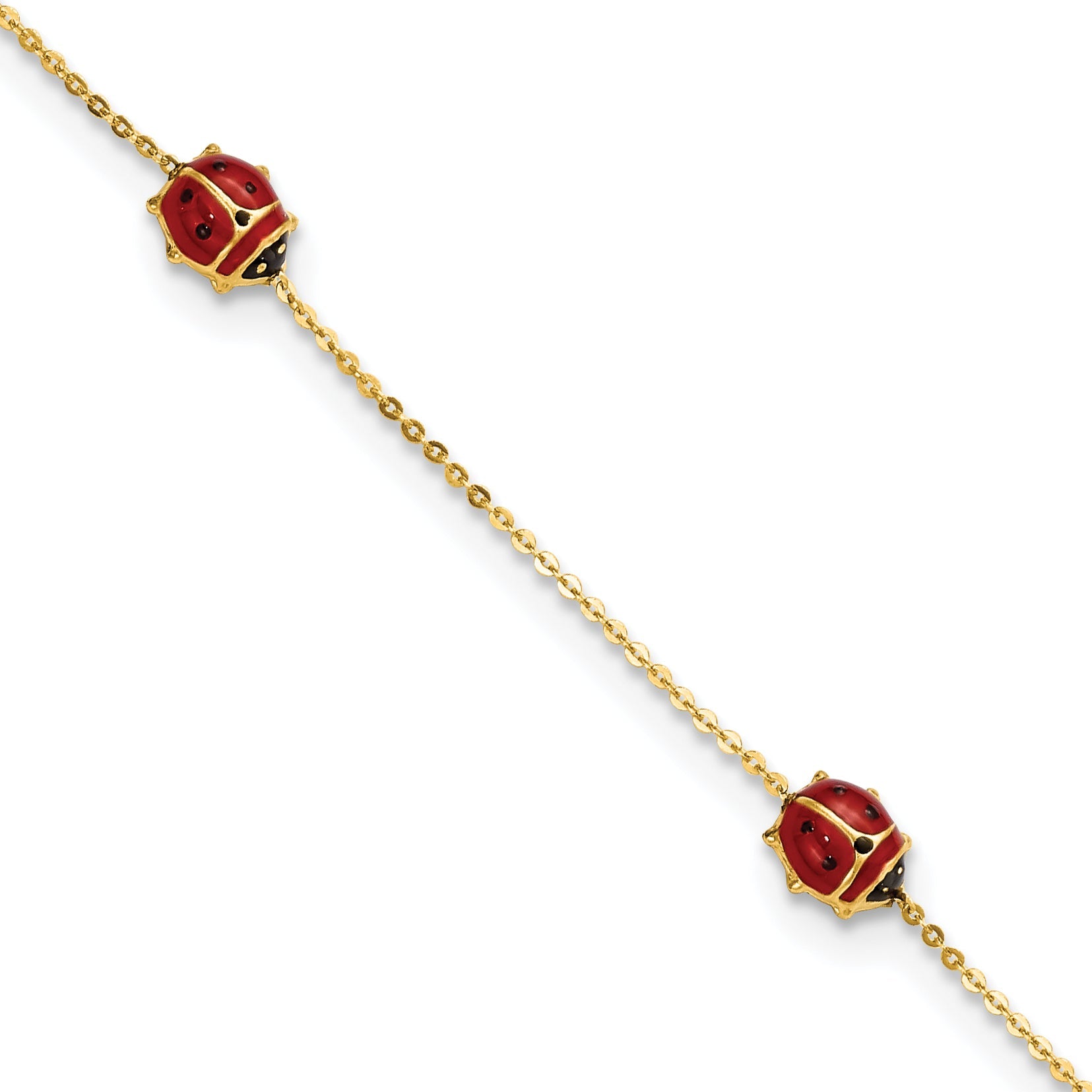 14K Yellow Gold Polished Enameled Ladybugs 6.5In W/.75In Ext. Bracelet