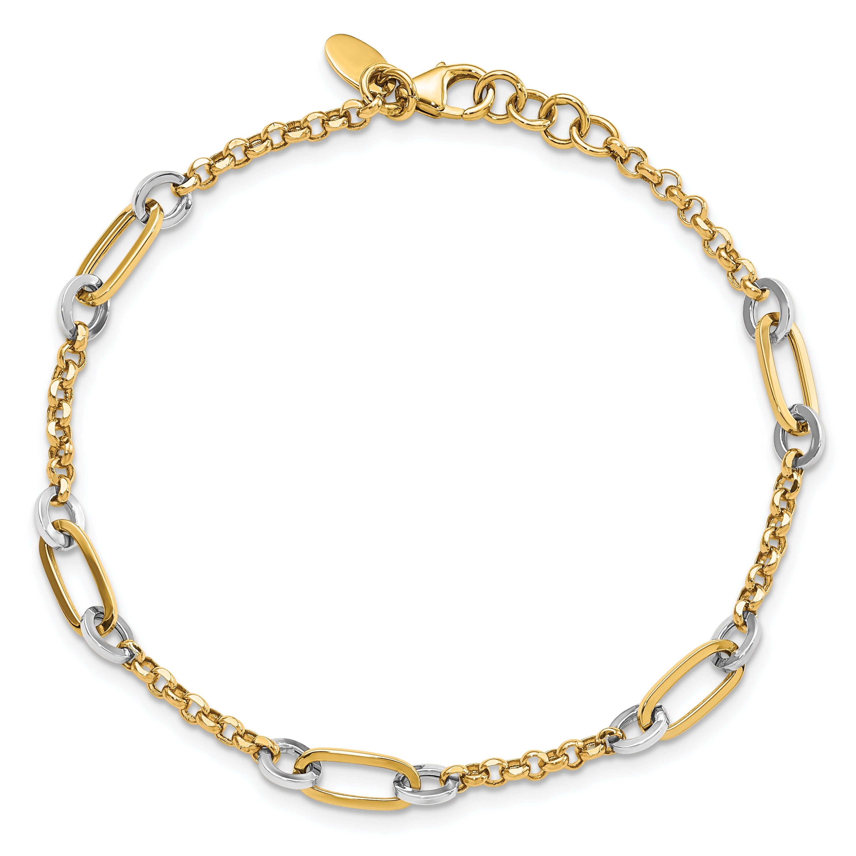 7.25 Inch 14K Two-Tone Fancy Oval Link And Chain W/.5 In Ext Bracelet