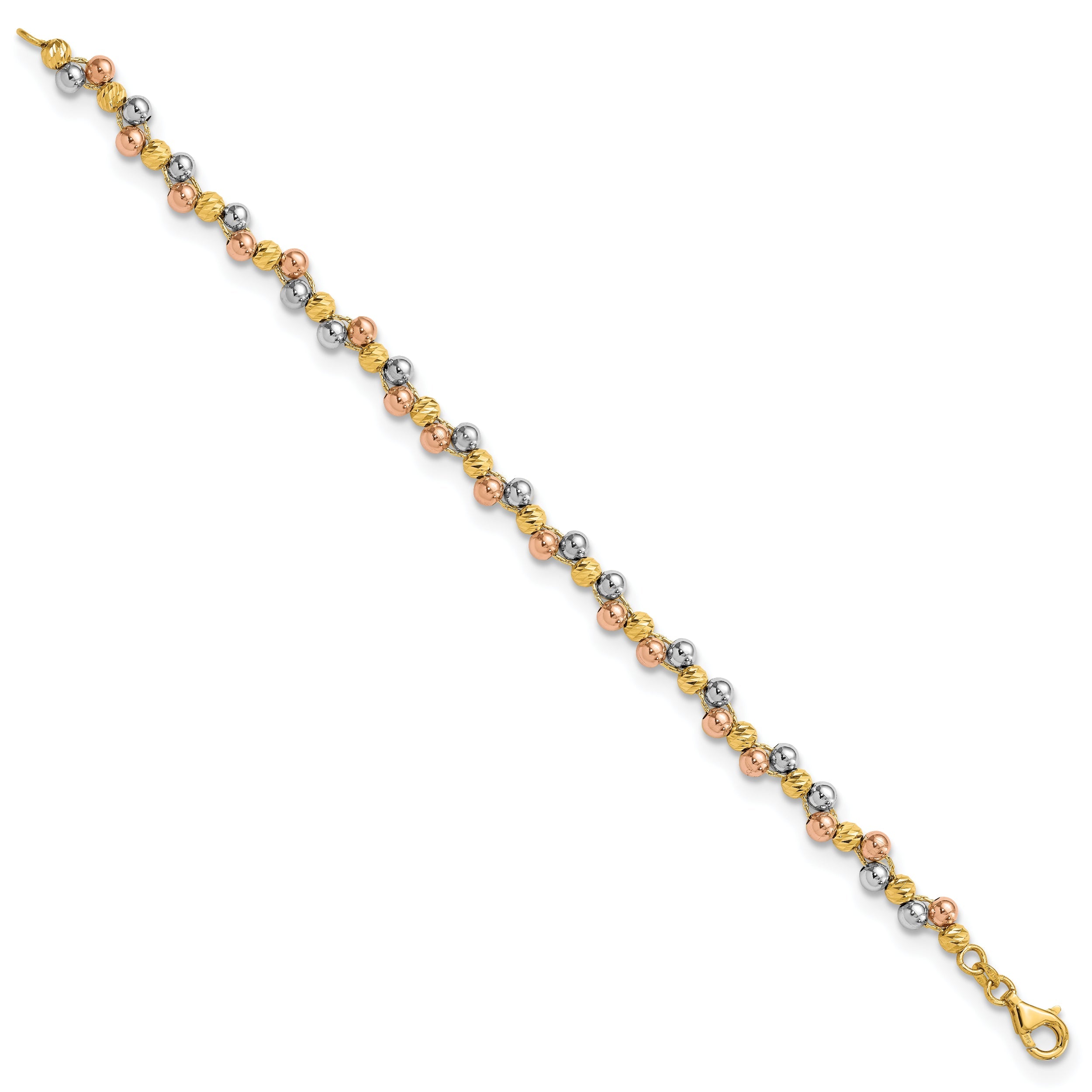 7.5 Inch 14K Tri Color Polished And D/C Beaded Bracelet
