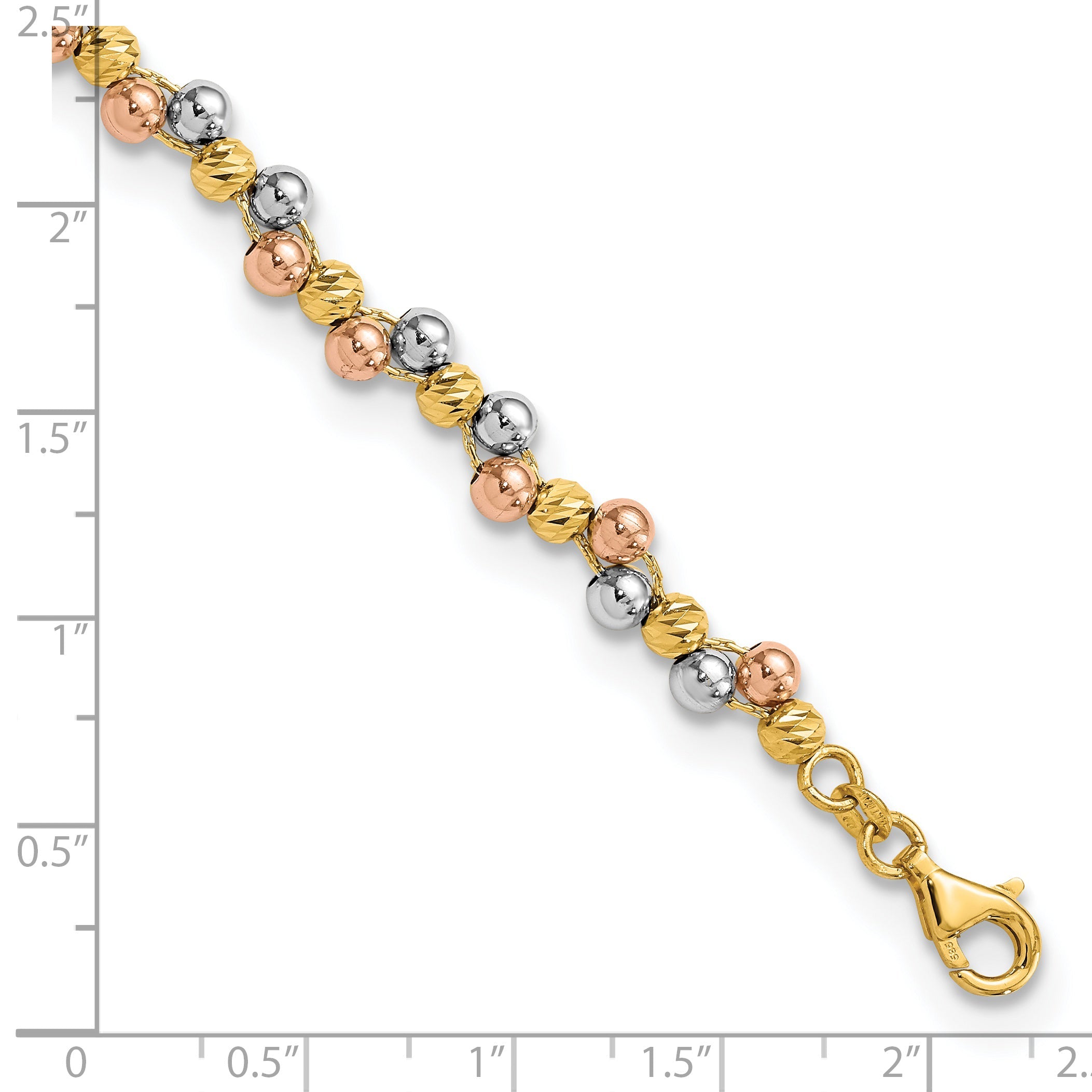 7.5 Inch 14K Tri Color Polished And D/C Beaded Bracelet