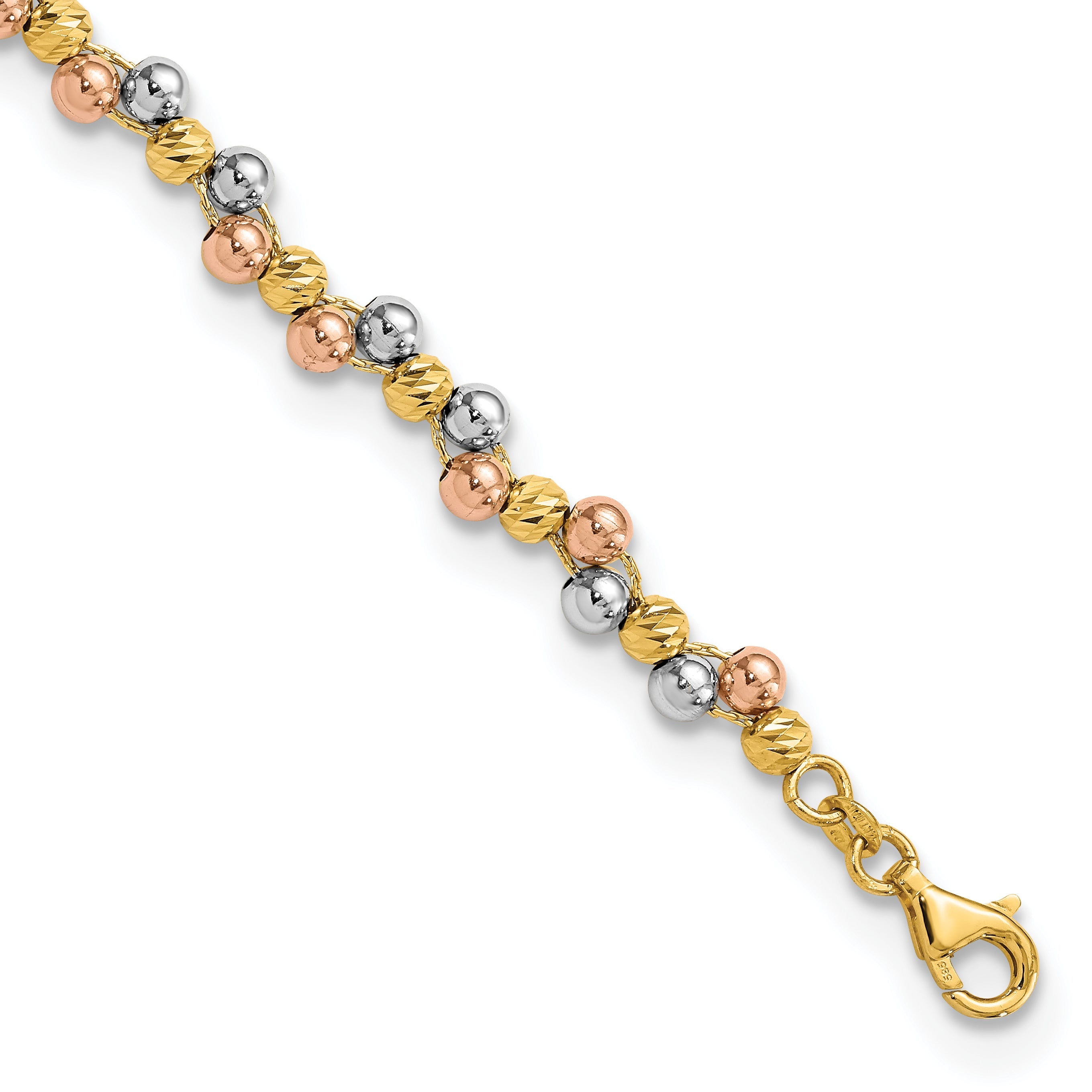 7.5 Inch 14K Tri Color Polished And D/C Beaded Bracelet