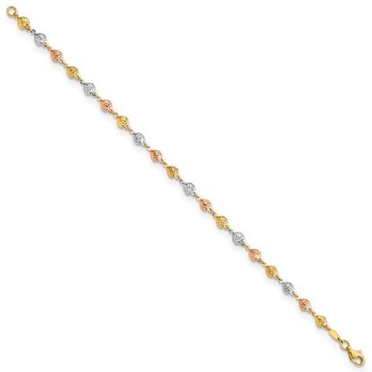 7.5 Inch 14K Tri-Color Polished Diamond-Cut Hearts 7.5In Bracelet