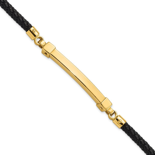 8 Inch 14K Polished Bar Leather Bracelet