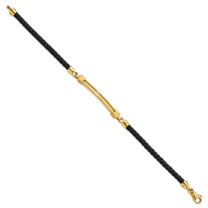 8 Inch 14K Polished Bar Leather Bracelet