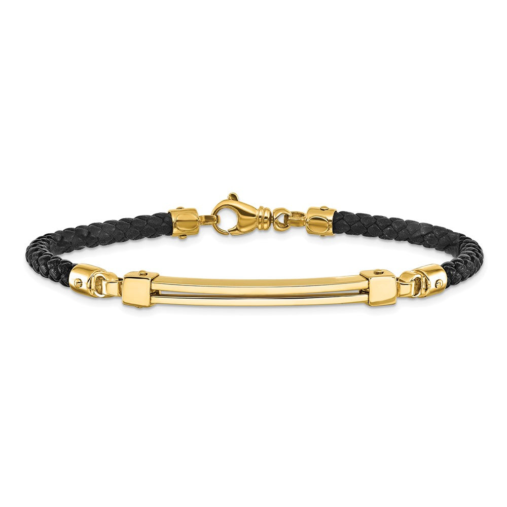 8 Inch 14K Polished Bar Leather Bracelet
