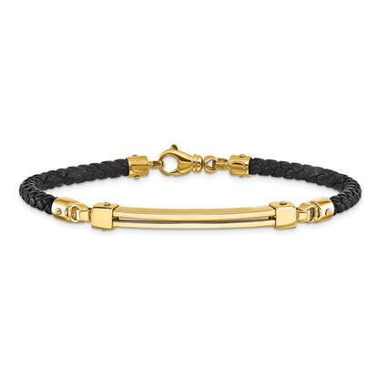 8 Inch 14K Polished Bar Leather Bracelet