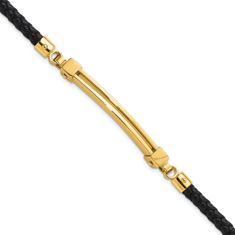 8 Inch 14K Polished Bar Leather Bracelet