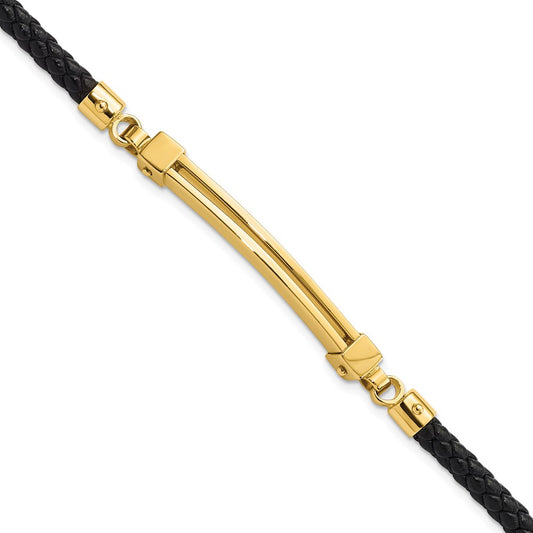 8 Inch 14K Polished Bar Leather Bracelet