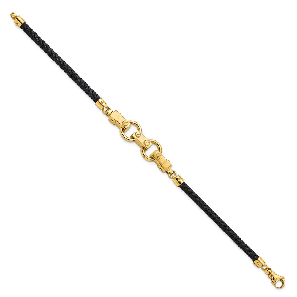 8 Inch 14K Polished Fancy Link Leather Bracelet