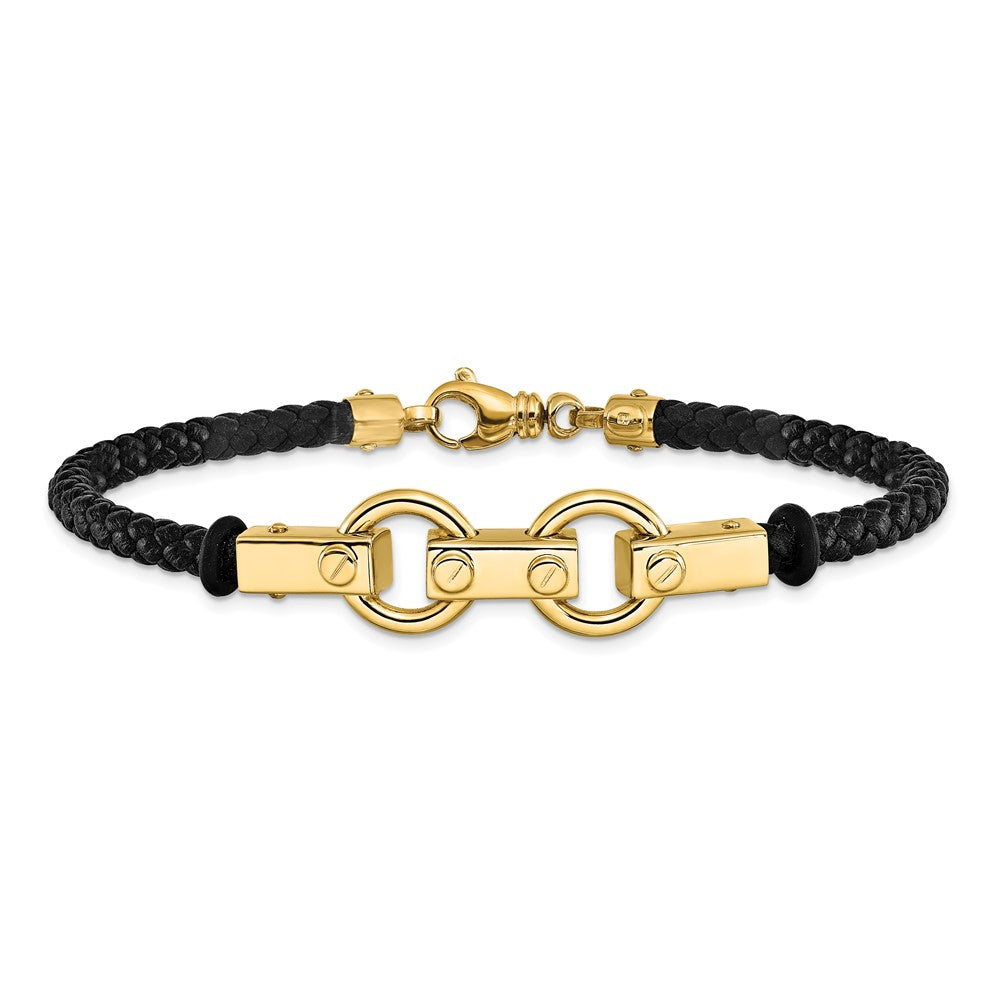 8 Inch 14K Polished Fancy Link Leather Bracelet