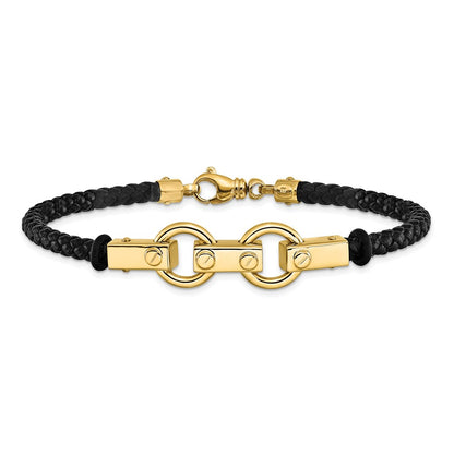 8 Inch 14K Polished Fancy Link Leather Bracelet