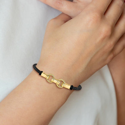 8 Inch 14K Polished Fancy Link Leather Bracelet