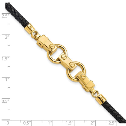 8 Inch 14K Polished Fancy Link Leather Bracelet
