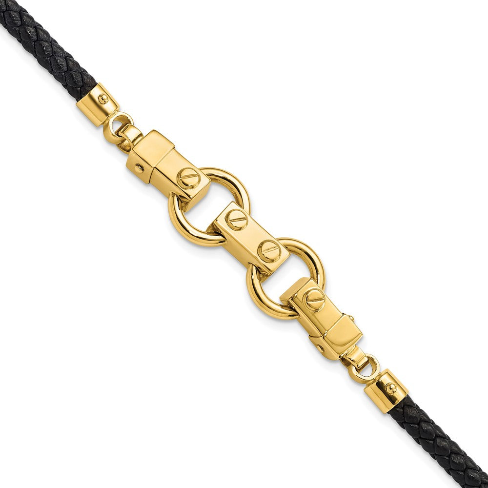 8 Inch 14K Polished Fancy Link Leather Bracelet