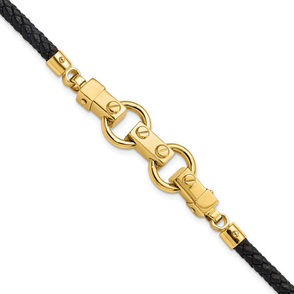 8 Inch 14K Polished Fancy Link Leather Bracelet