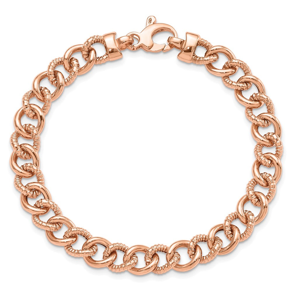 7.5 Inch 14K Rose Gold Polished And Textured Fancy Link Bracelet