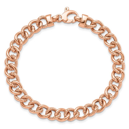 7.5 Inch 14K Rose Gold Polished And Textured Fancy Link Bracelet