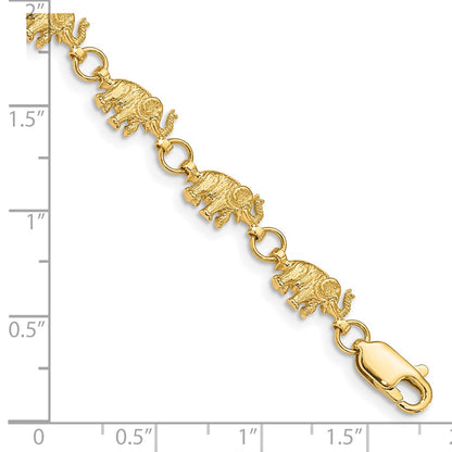 8 Inch 14K 8In Diamond-Cut Small Elephants With Trunks Raised Bracelet
