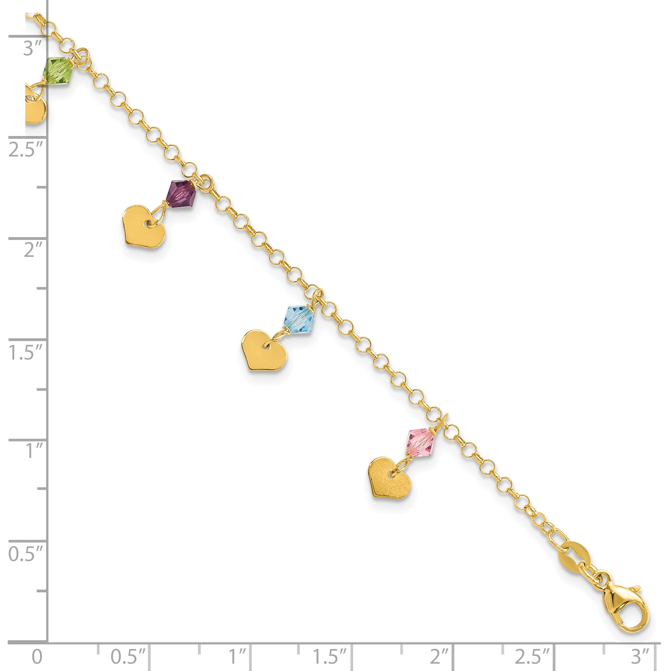 7.25 Inch 14Ky Polished Dangling Hearts & Cz Fancy Bracelet