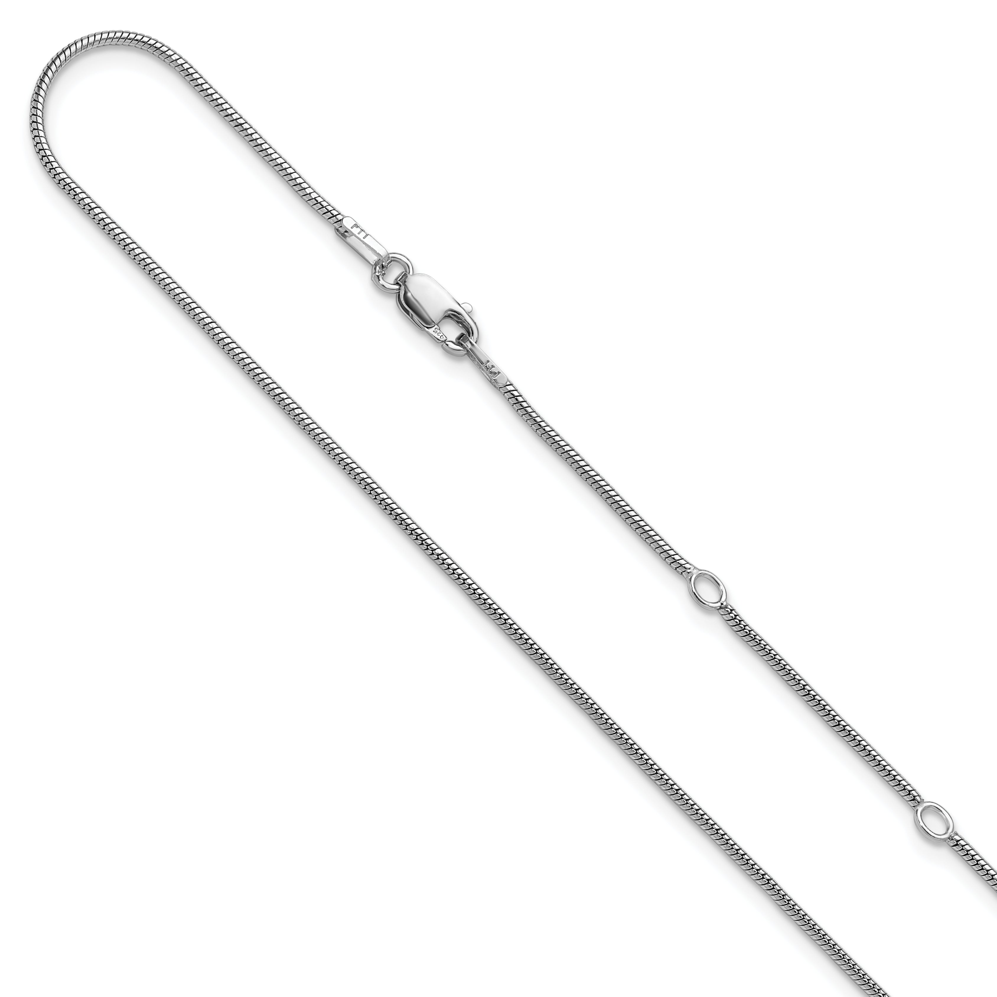 Sterling Silver Ss Rh Plat 1.1mm Round Snake 1In+1In Adjustable Chain