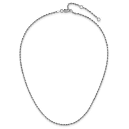 18 Inch Sterling Silver Rh Plt 2mm D/C Rope 1In+1In Adjustable Chain Necklace
