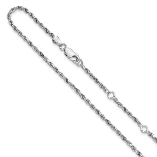 18 Inch Sterling Silver Rh Plt 2.2mm D/C Rope 1In+1In Adjustable Chain Necklace