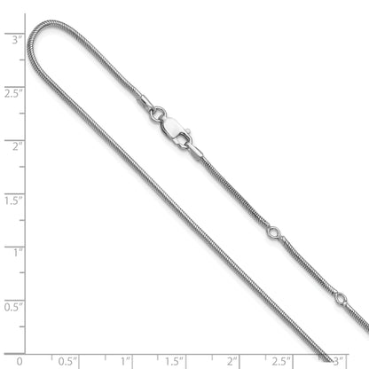 Sterling Silver Ss Rh Plat 1.6mm Round Snake 1In+1In Adjustable Chain