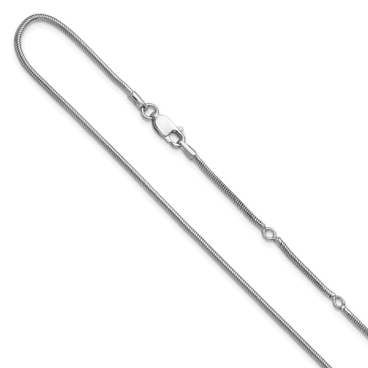 Sterling Silver Ss Rh Plat 1.6mm Round Snake 1In+1In Adjustable Chain