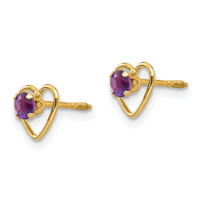 14K Yellow Gold Madi K 3mm Genuine Amethyst Birthstone Heart Earrings