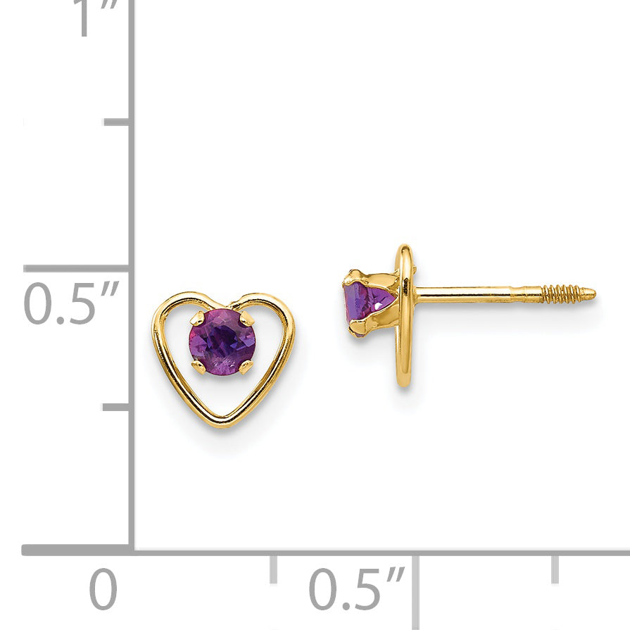 14K Yellow Gold Madi K 3mm Genuine Amethyst Birthstone Heart Earrings