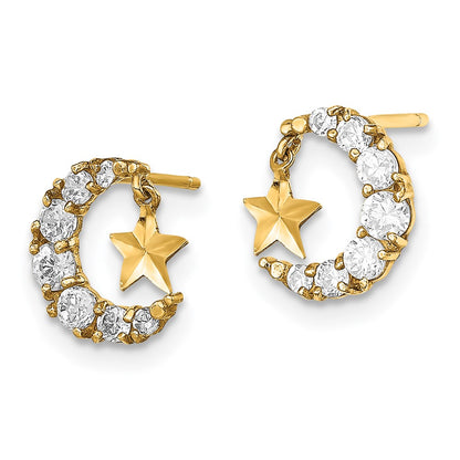 14K Yellow Gold Madi K Cz Crescent Moon With D/C Star Dangle Post Earrings