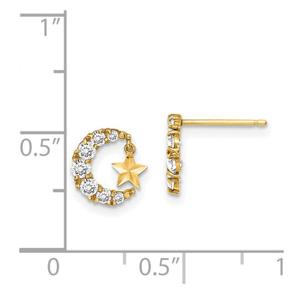 14K Yellow Gold Madi K Cz Crescent Moon With D/C Star Dangle Post Earrings