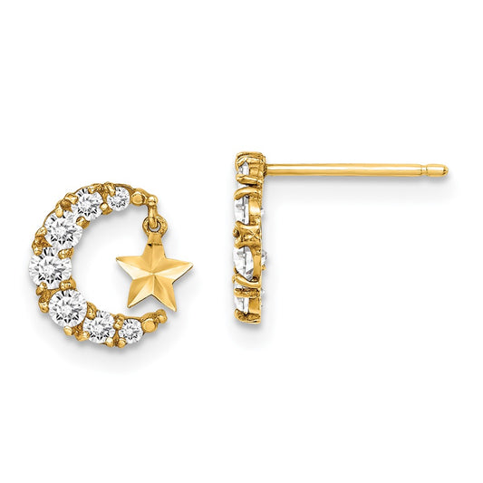 14K Yellow Gold Madi K Cz Crescent Moon With D/C Star Dangle Post Earrings