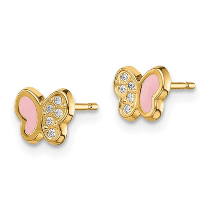 14K Yellow Gold Madi K Cz Pink Enamel Butterfly Post Earrings
