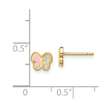 14K Yellow Gold Madi K Cz Pink Enamel Butterfly Post Earrings