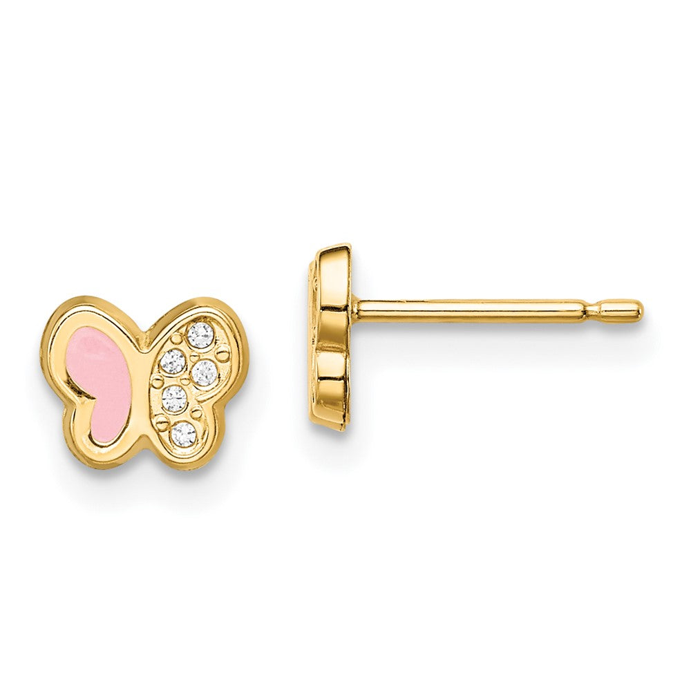 14K Yellow Gold Madi K Cz Pink Enamel Butterfly Post Earrings