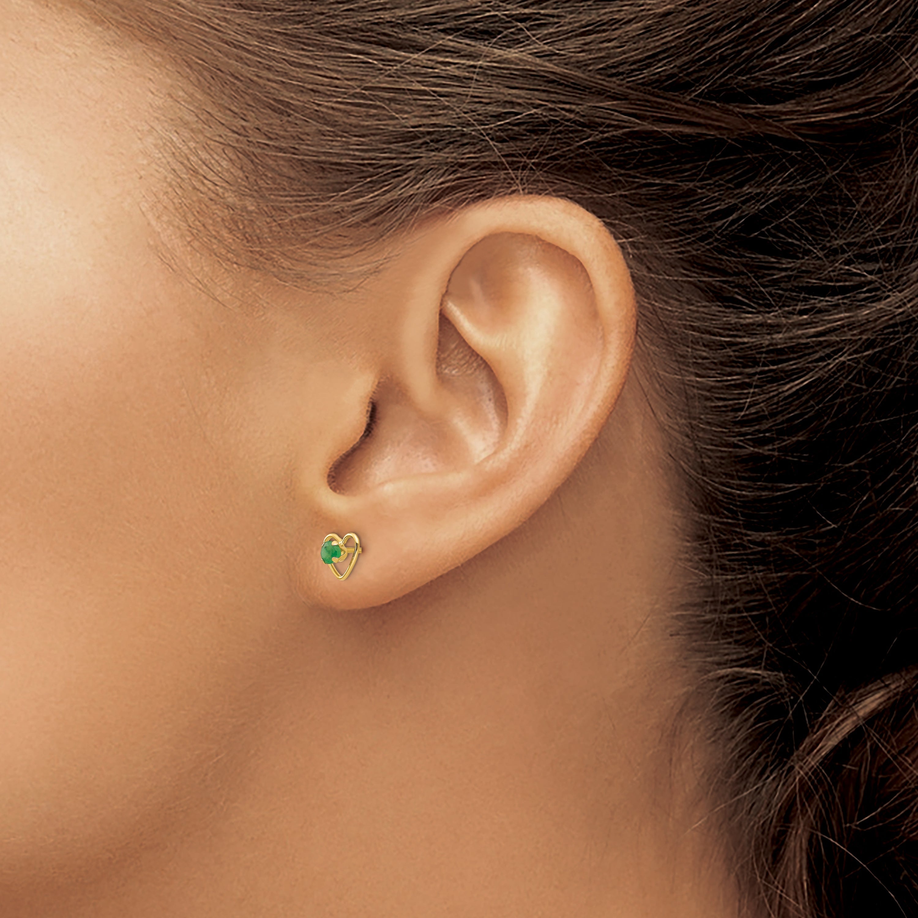 14K Yellow Gold Madi K 3mm Created Emerald Birthstone Heart Earrings