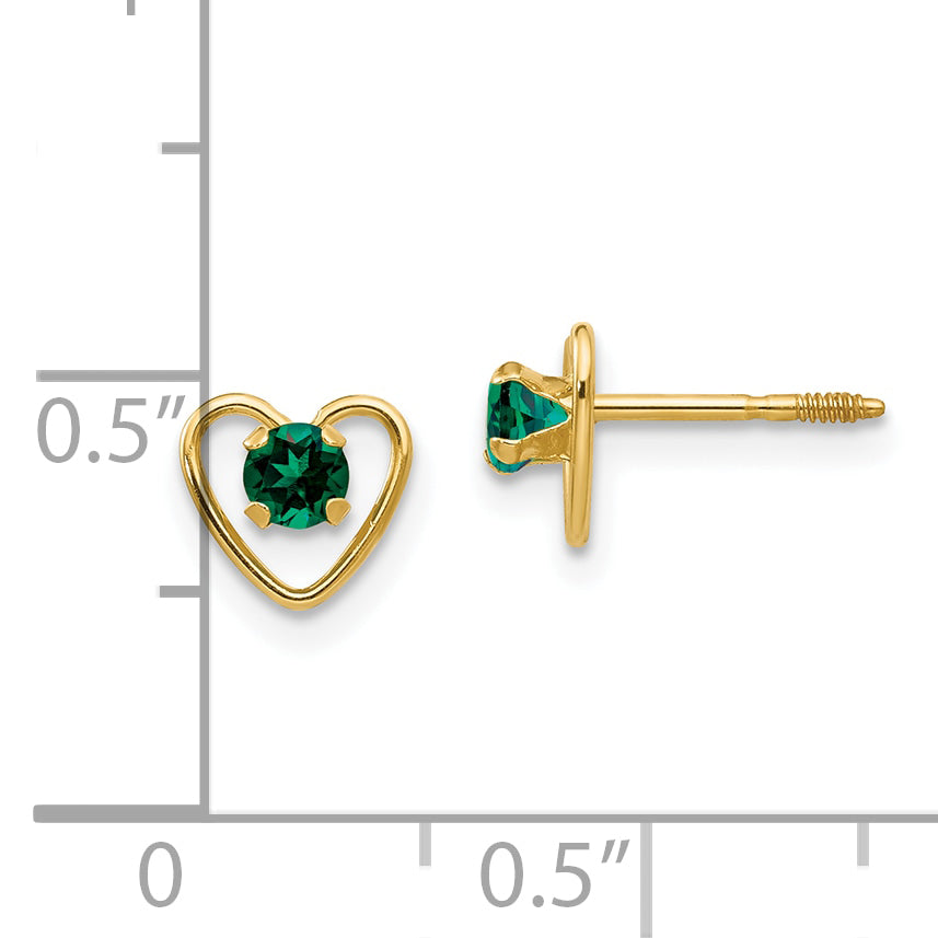 14K Yellow Gold Madi K 3mm Created Emerald Birthstone Heart Earrings