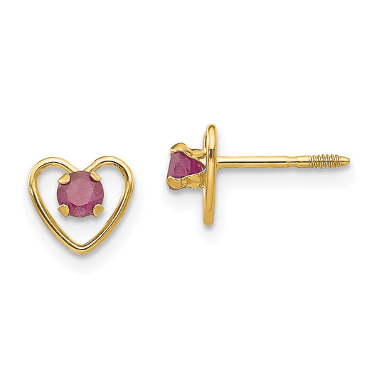 14K Yellow Gold Madi K 3mm Created Ruby Birthstone Heart Earrings