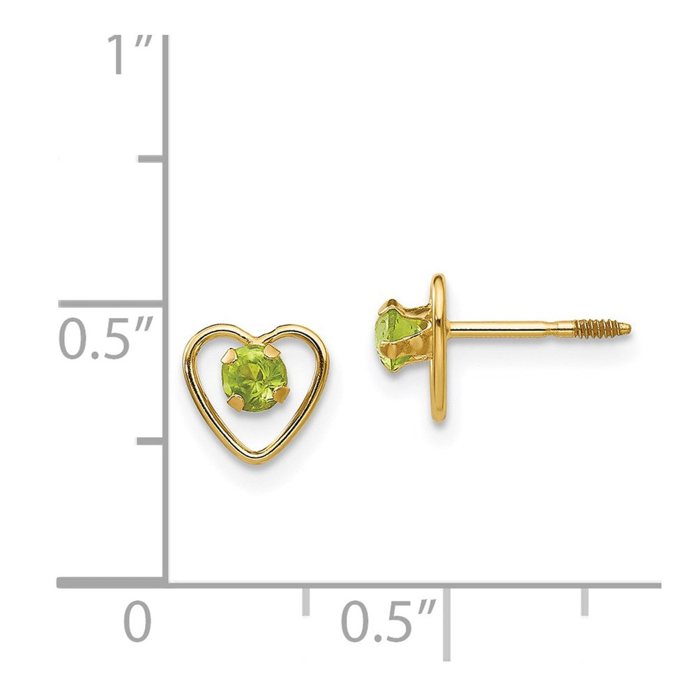 14K Yellow Gold Madi K 3mm Genuine Peridot Birthstone Heart Earrings