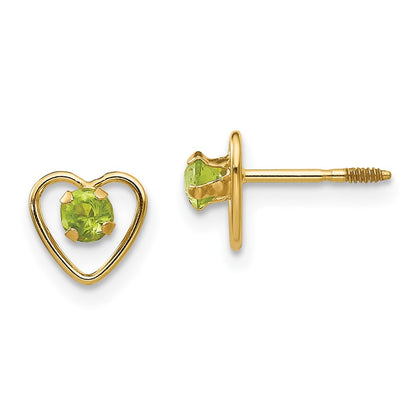 14K Yellow Gold Madi K 3mm Genuine Peridot Birthstone Heart Earrings