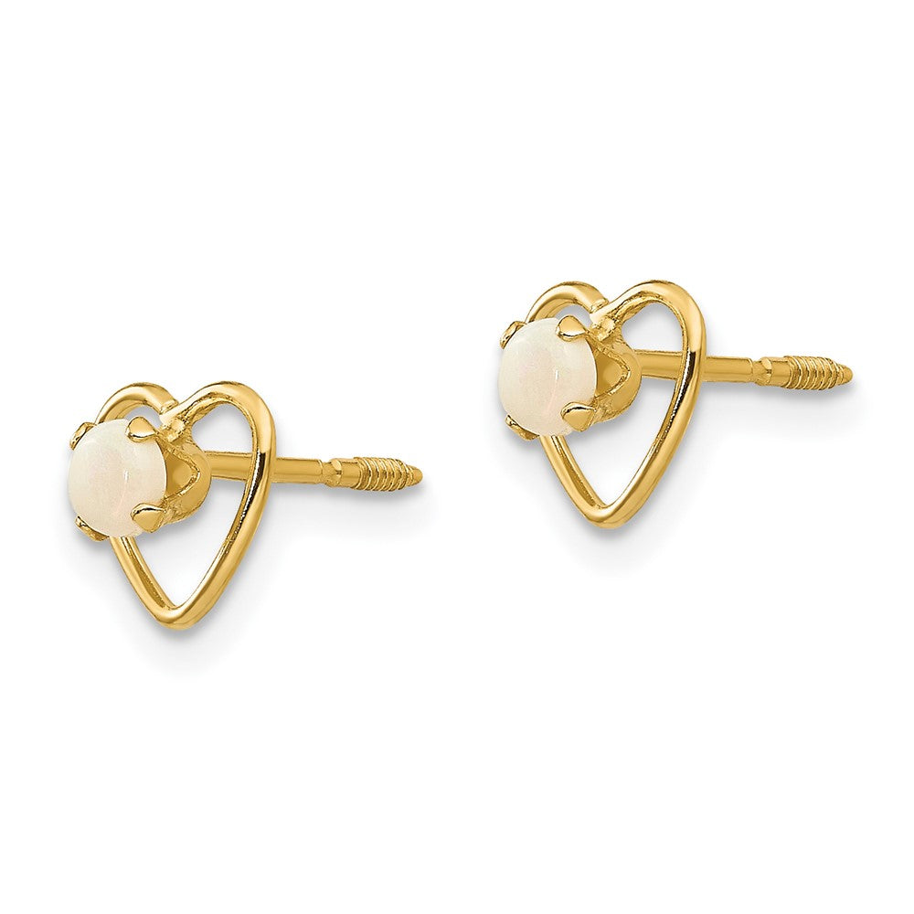 14K Yellow Gold Madi K 3mm Imitation Opal Birthstone Heart Earrings