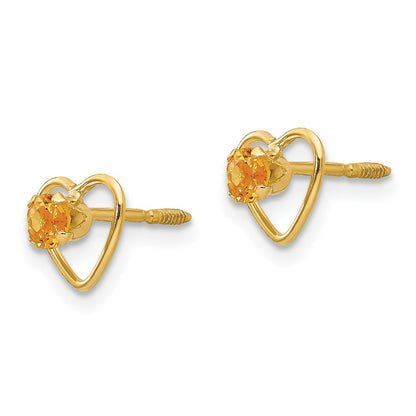 14K Yellow Gold Madi K 3mm Genuine Citrine Birthstone Heart Earrings