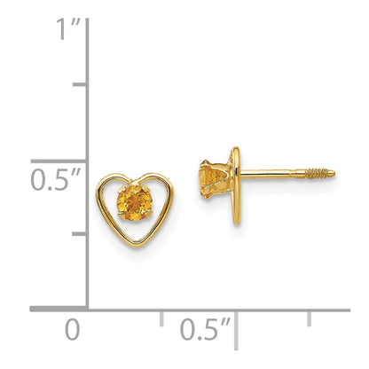 14K Yellow Gold Madi K 3mm Genuine Citrine Birthstone Heart Earrings