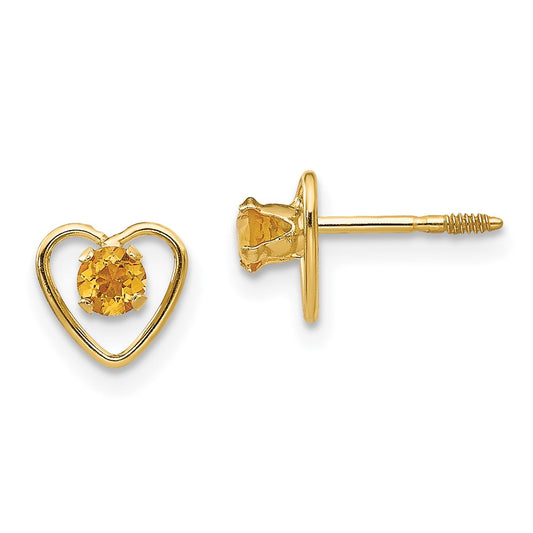 14K Yellow Gold Madi K 3mm Genuine Citrine Birthstone Heart Earrings