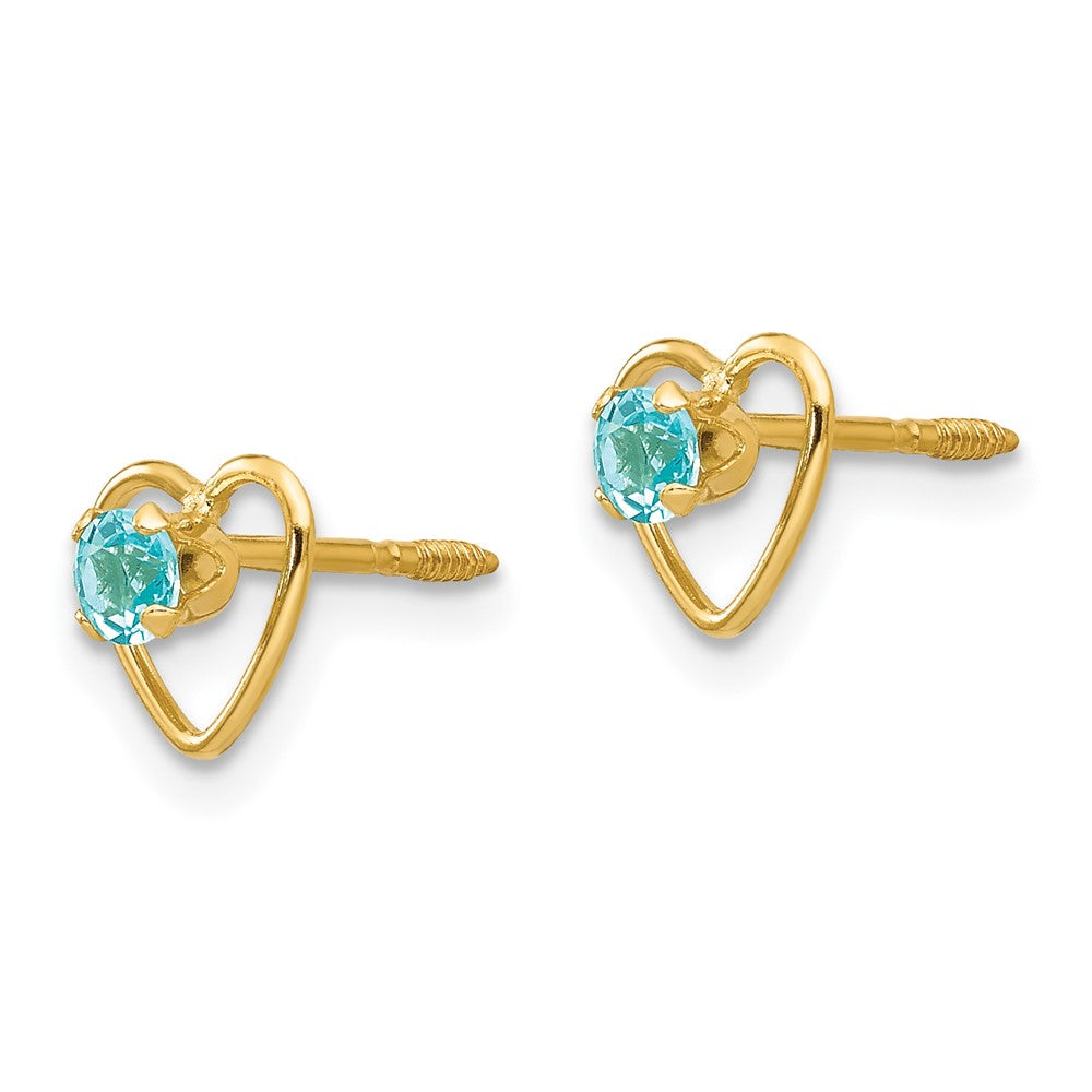14K Yellow Gold Madi K 3mm Genuine Blue Topaz Birthstone Heart Earrings