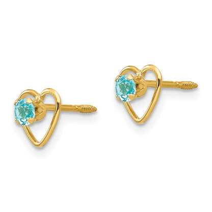 14K Yellow Gold Madi K 3mm Genuine Blue Topaz Birthstone Heart Earrings