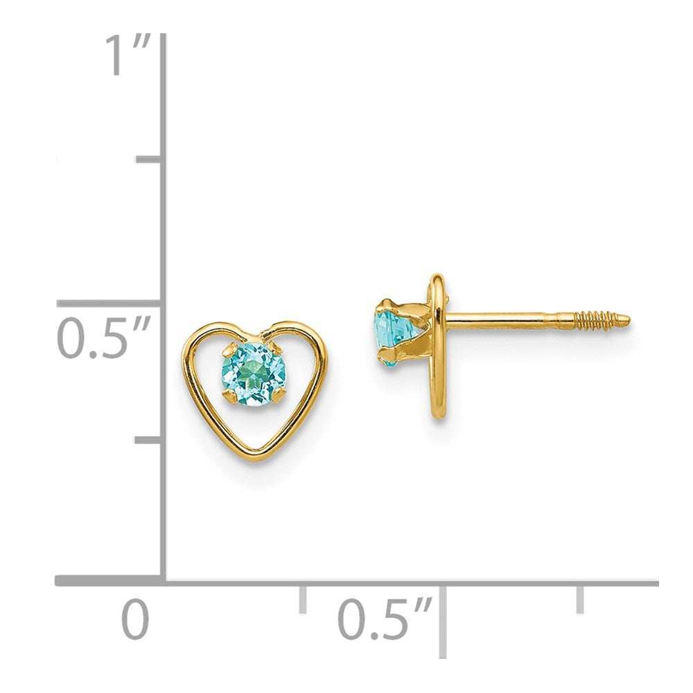 14K Yellow Gold Madi K 3mm Genuine Blue Topaz Birthstone Heart Earrings